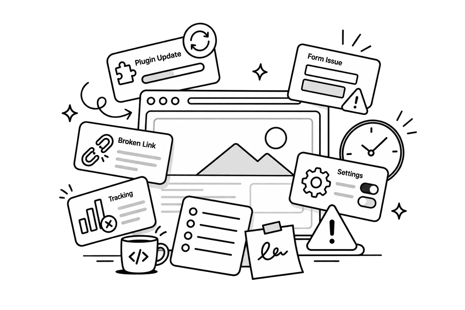 A website surrounded by plugin, form, tracking and settings issues